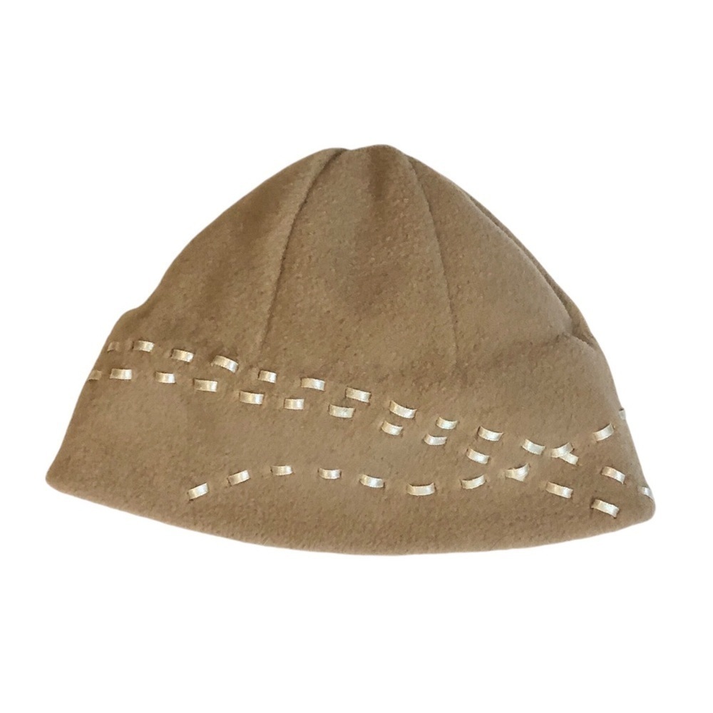 Columbia Tan Soft Fleece Winter Beanie Hat Toque Woven Ribbon Design S/M NWOT